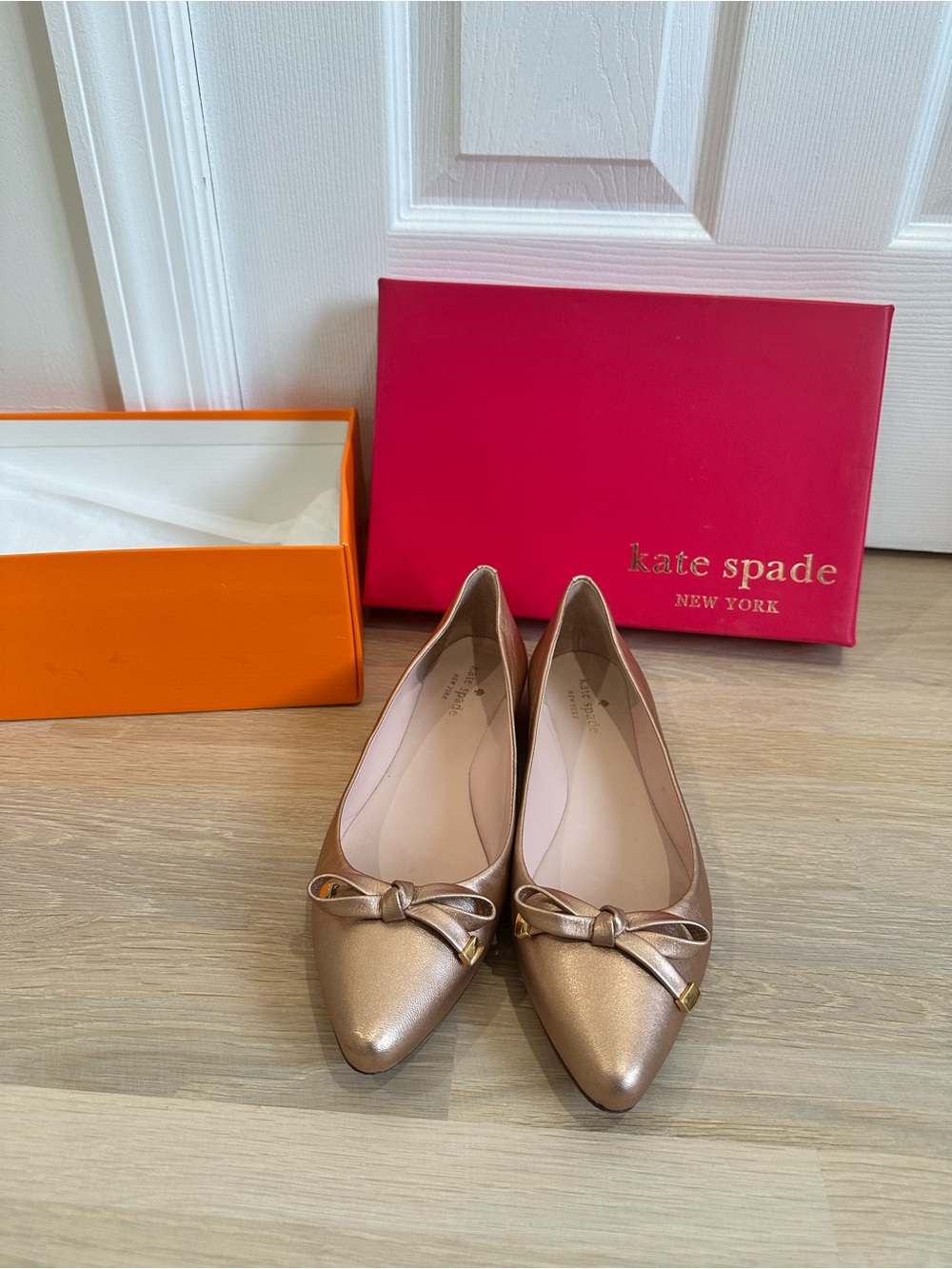 kate spade Rose Gold Pointed Toe Bow Flats